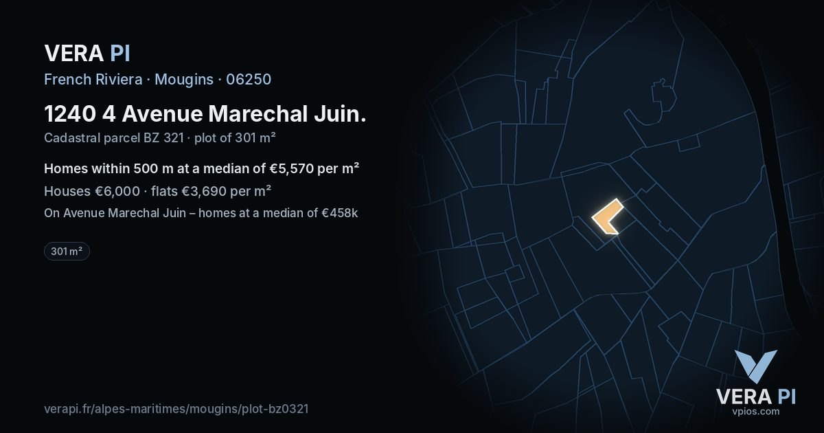 1240 4 Avenue Marechal Juin, Mougins at night – the plot lit, the parcels around coloured by the prices near them