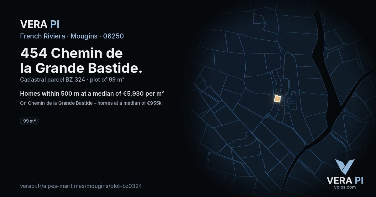 454 Chemin de la Grande Bastide, Mougins at night – the plot lit, the parcels around coloured by the prices near them
