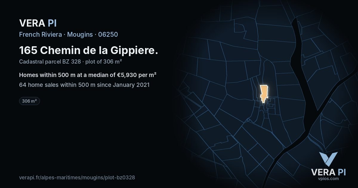 165 Chemin de la Gippiere, Mougins at night – the plot lit, the parcels around coloured by the prices near them