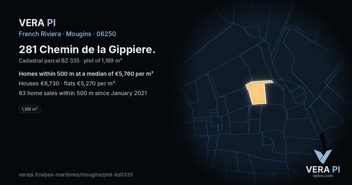 281 Chemin de la Gippiere, Mougins at night – the plot lit, the parcels around coloured by the prices near them