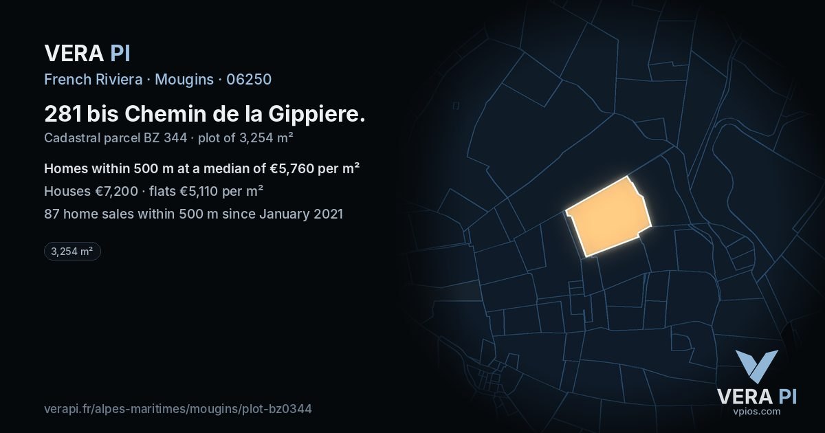 281 bis Chemin de la Gippiere, Mougins at night – the plot lit, the parcels around coloured by the prices near them