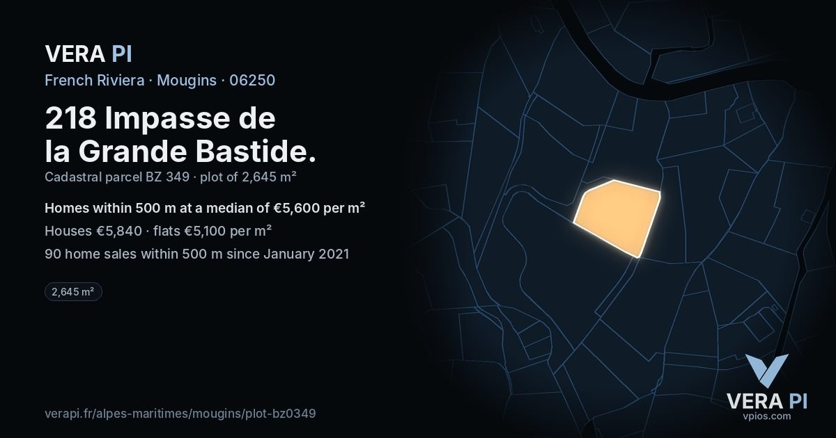 218 Impasse de la Grande Bastide, Mougins at night – the plot lit, the parcels around coloured by the prices near them