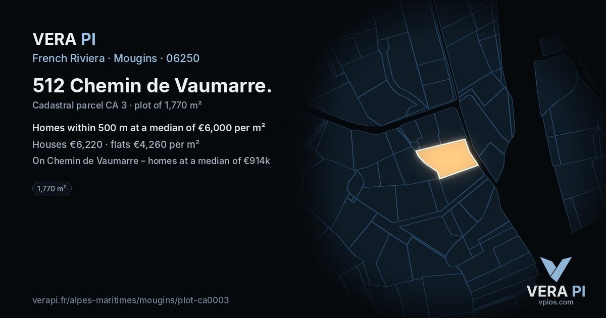 512 Chemin de Vaumarre, Mougins at night – the plot lit, the parcels around coloured by the prices near them