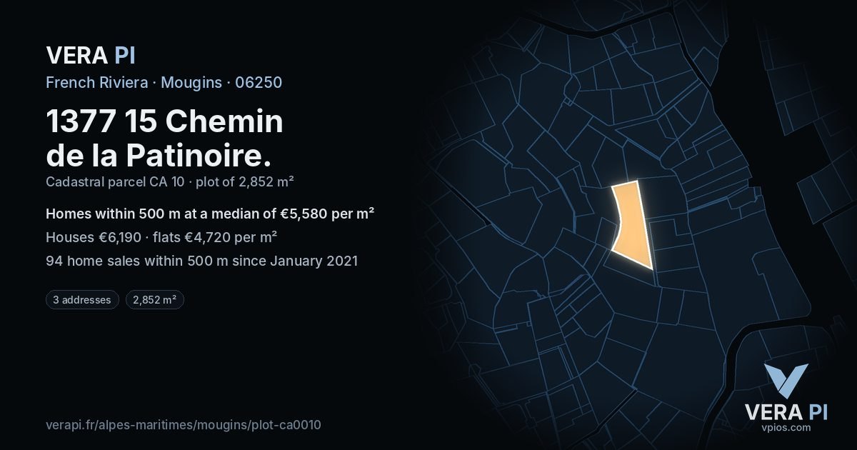 1377 15 Chemin de la Patinoire, Mougins at night – the plot lit, the parcels around coloured by the prices near them
