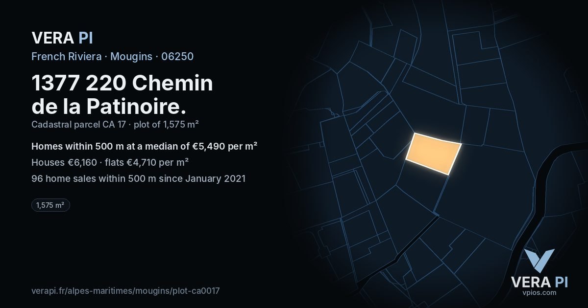 1377 220 Chemin de la Patinoire, Mougins at night – the plot lit, the parcels around coloured by the prices near them