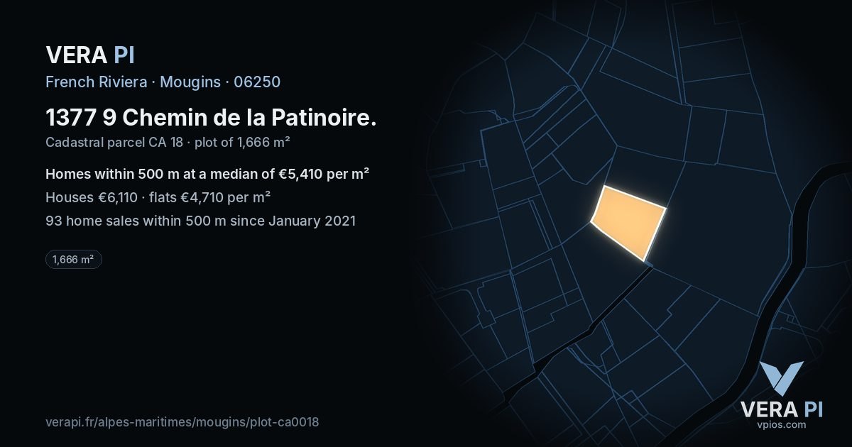 1377 9 Chemin de la Patinoire, Mougins at night – the plot lit, the parcels around coloured by the prices near them