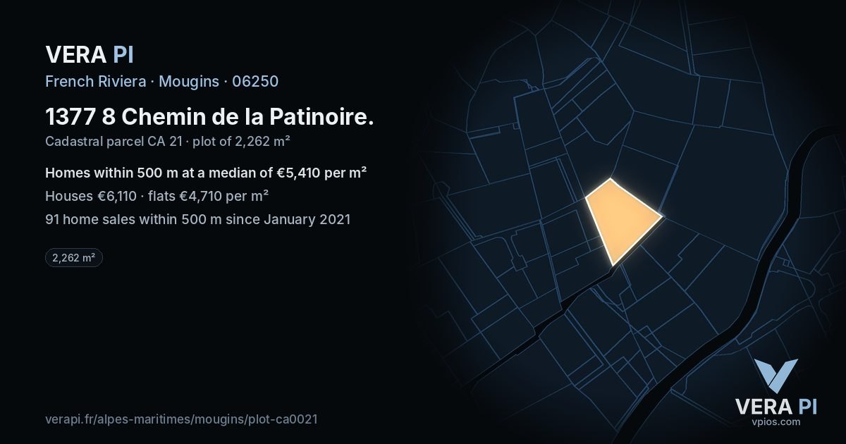 1377 8 Chemin de la Patinoire, Mougins at night – the plot lit, the parcels around coloured by the prices near them