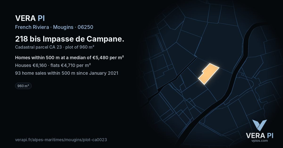 218 bis Impasse de Campane, Mougins at night – the plot lit, the parcels around coloured by the prices near them
