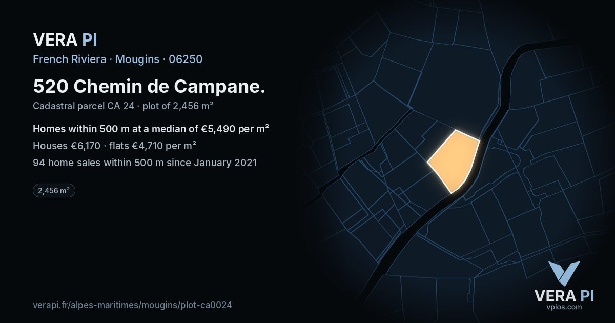 520 Chemin de Campane, Mougins at night – the plot lit, the parcels around coloured by the prices near them