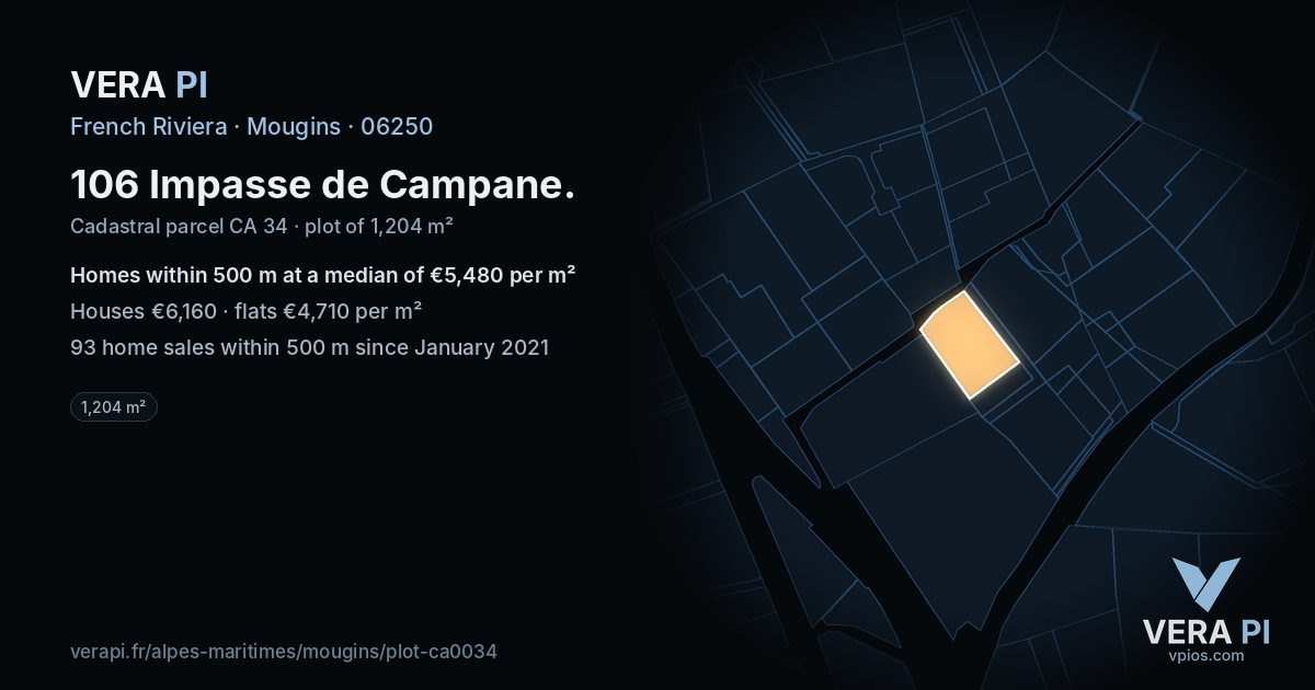 106 Impasse de Campane, Mougins at night – the plot lit, the parcels around coloured by the prices near them