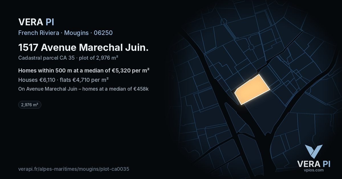 1517 Avenue Marechal Juin, Mougins at night – the plot lit, the parcels around coloured by the prices near them