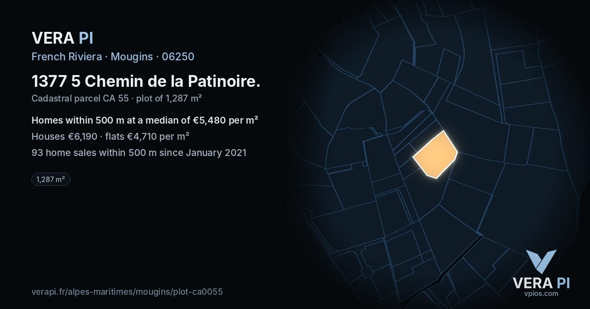 1377 5 Chemin de la Patinoire, Mougins at night – the plot lit, the parcels around coloured by the prices near them