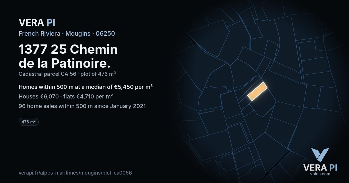 1377 25 Chemin de la Patinoire, Mougins at night – the plot lit, the parcels around coloured by the prices near them