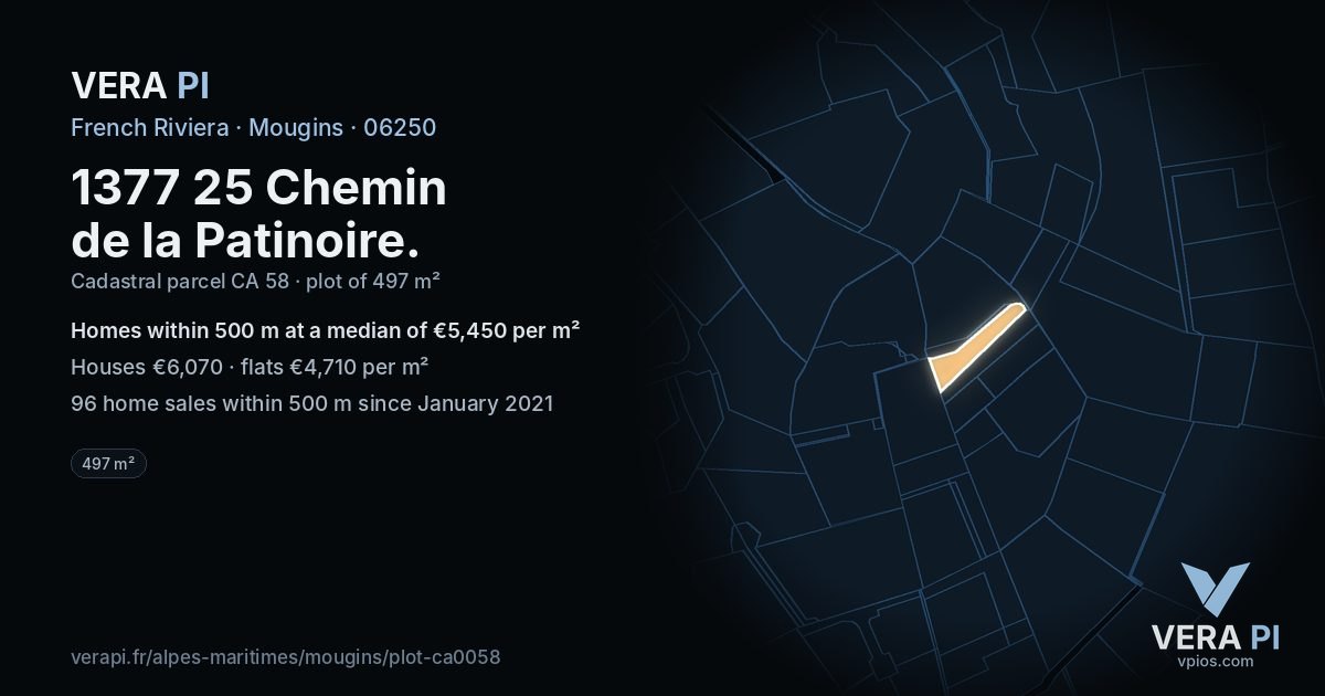 1377 25 Chemin de la Patinoire, Mougins at night – the plot lit, the parcels around coloured by the prices near them