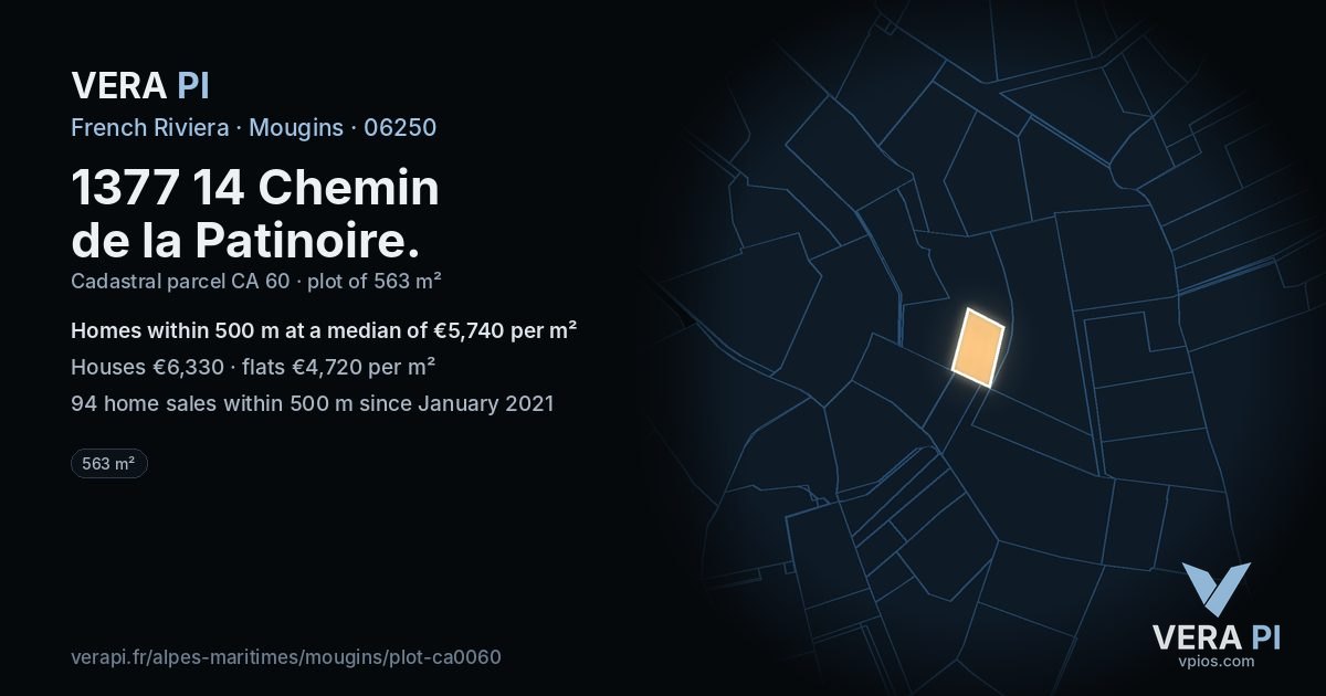 1377 14 Chemin de la Patinoire, Mougins at night – the plot lit, the parcels around coloured by the prices near them