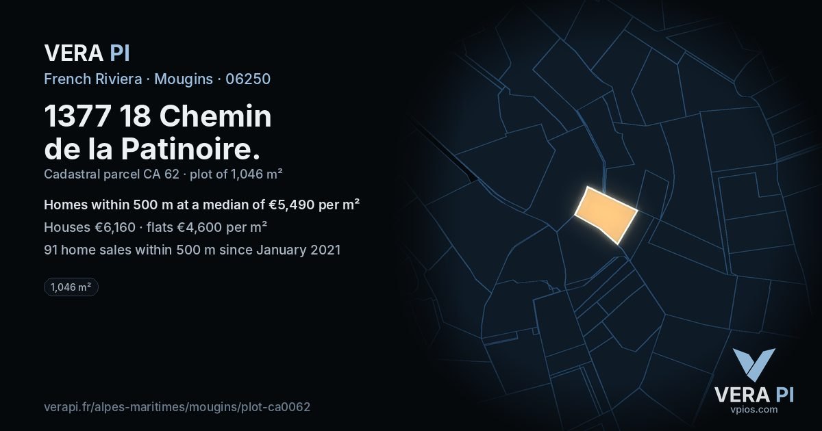 1377 18 Chemin de la Patinoire, Mougins at night – the plot lit, the parcels around coloured by the prices near them