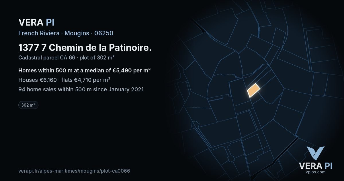 1377 7 Chemin de la Patinoire, Mougins at night – the plot lit, the parcels around coloured by the prices near them