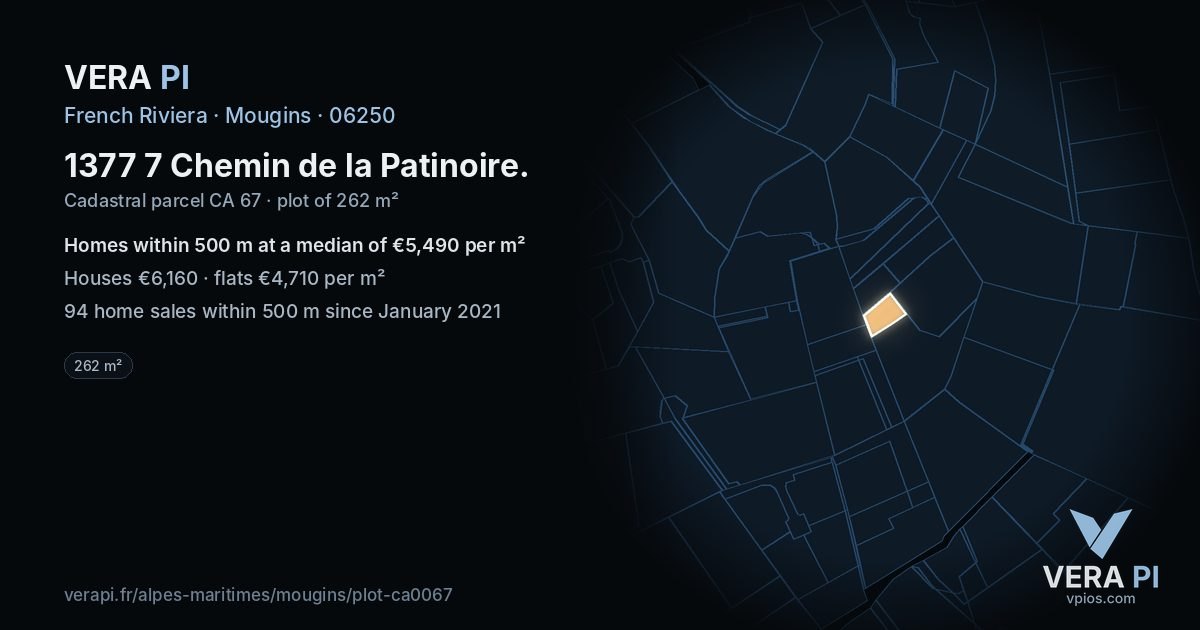 1377 7 Chemin de la Patinoire, Mougins at night – the plot lit, the parcels around coloured by the prices near them