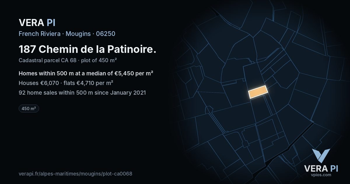 187 Chemin de la Patinoire, Mougins at night – the plot lit, the parcels around coloured by the prices near them