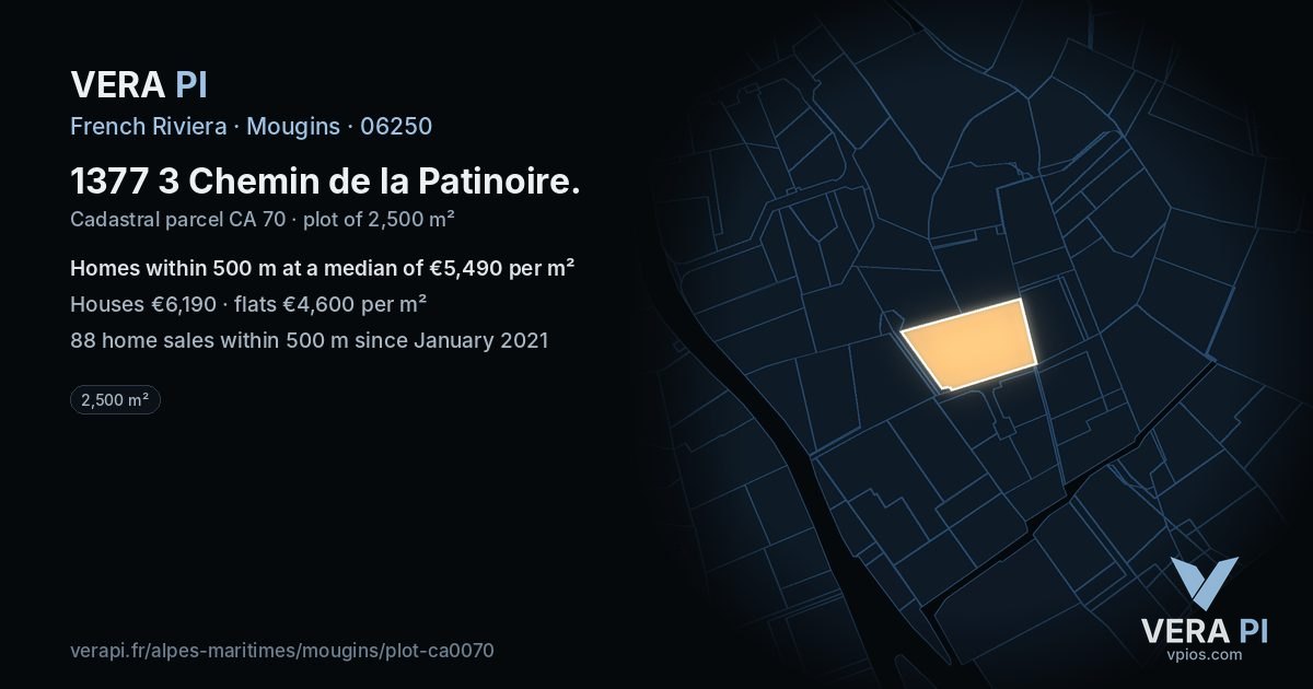 1377 3 Chemin de la Patinoire, Mougins at night – the plot lit, the parcels around coloured by the prices near them