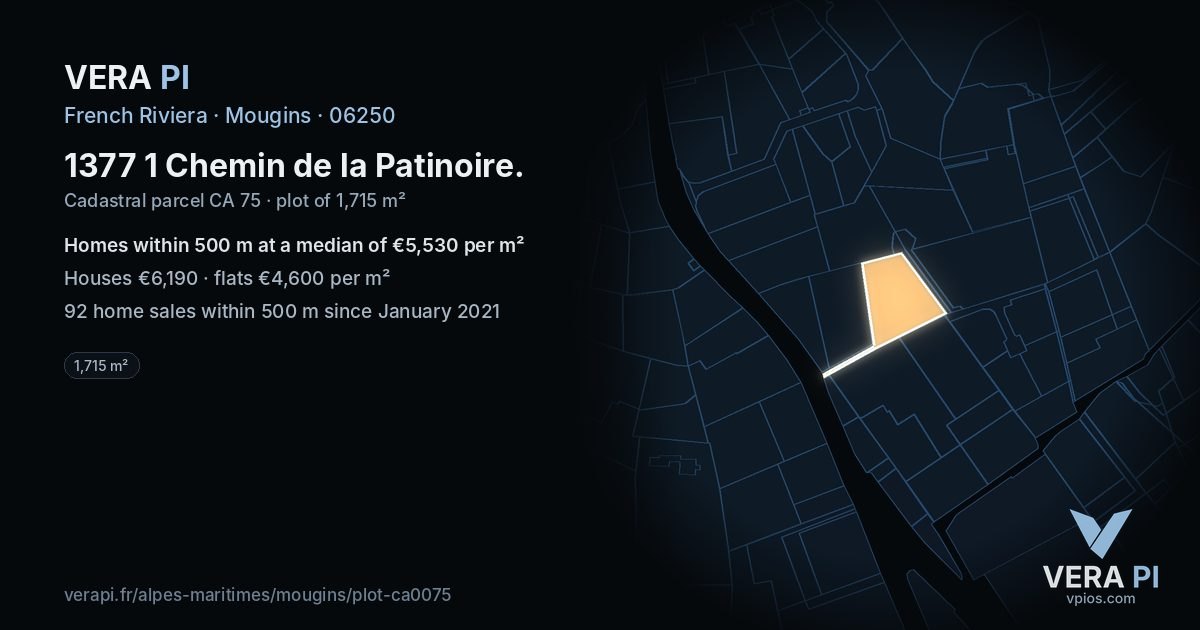 1377 1 Chemin de la Patinoire, Mougins at night – the plot lit, the parcels around coloured by the prices near them