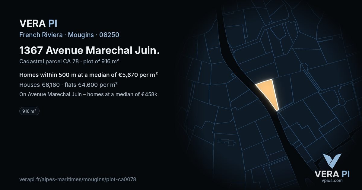 1367 Avenue Marechal Juin, Mougins at night – the plot lit, the parcels around coloured by the prices near them