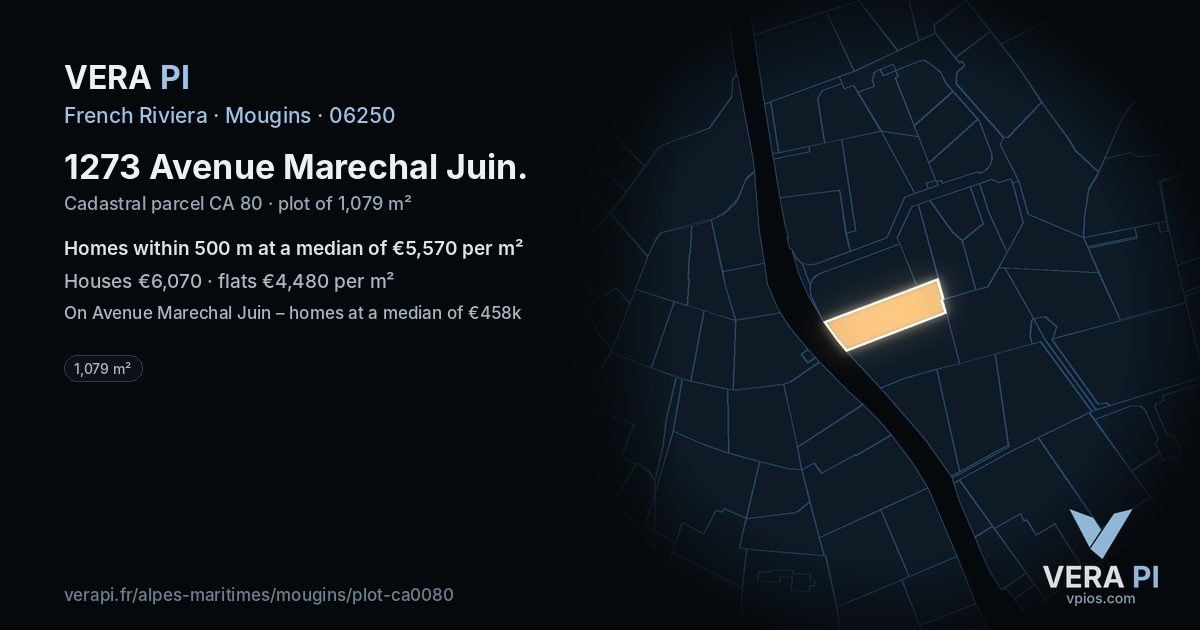1273 Avenue Marechal Juin, Mougins at night – the plot lit, the parcels around coloured by the prices near them