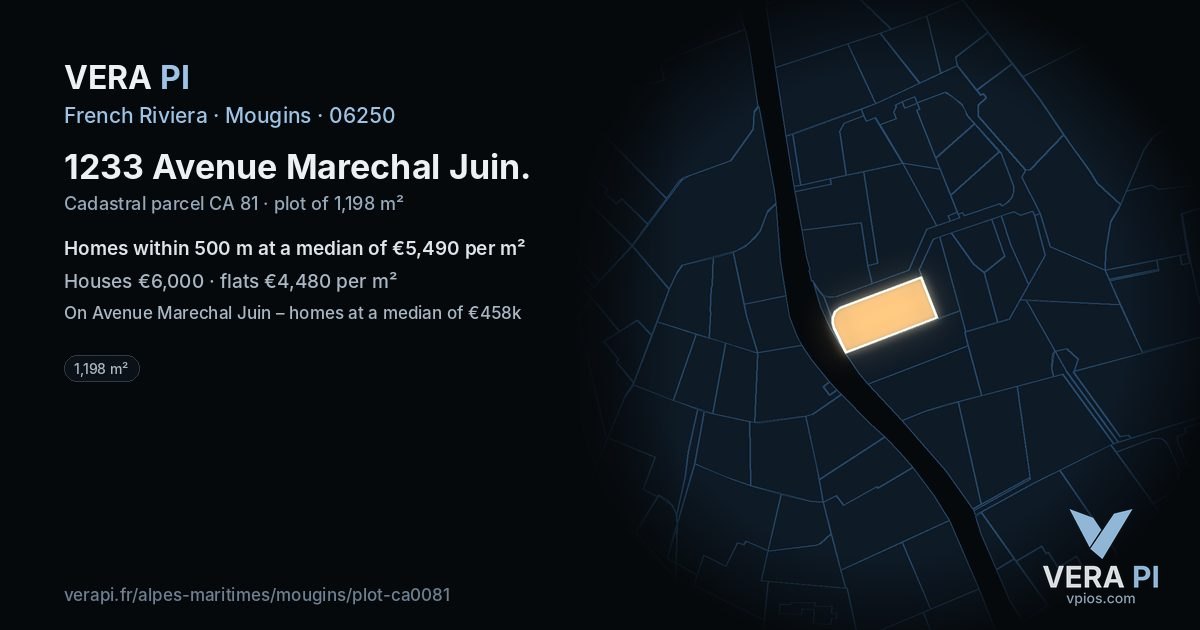 1233 Avenue Marechal Juin, Mougins at night – the plot lit, the parcels around coloured by the prices near them