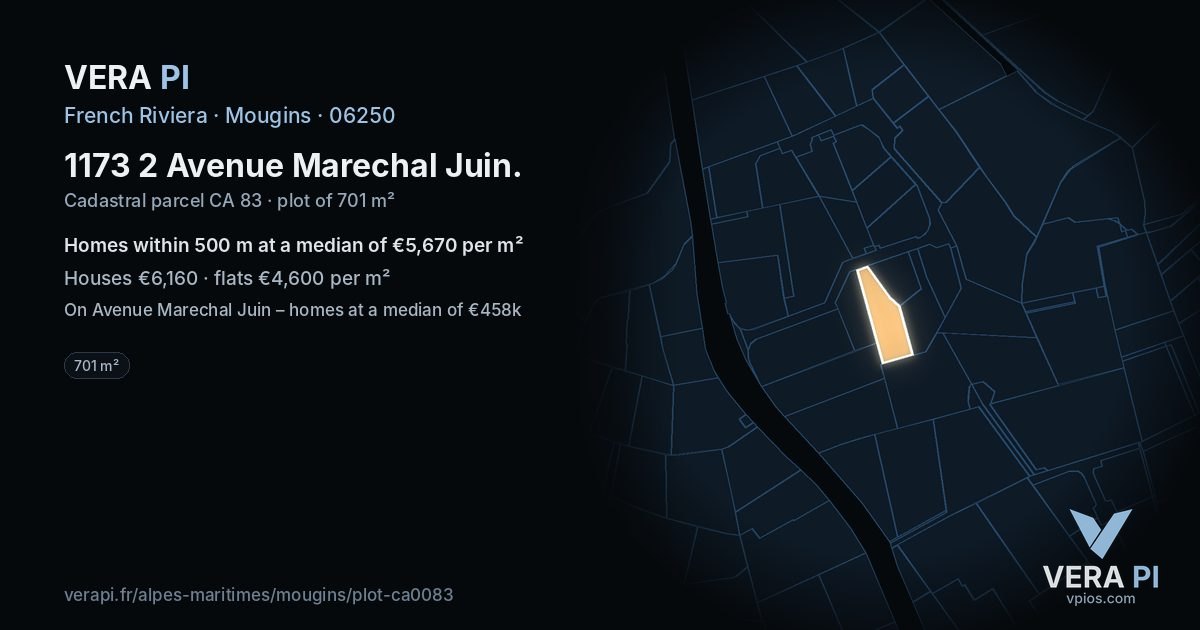 1173 2 Avenue Marechal Juin, Mougins at night – the plot lit, the parcels around coloured by the prices near them