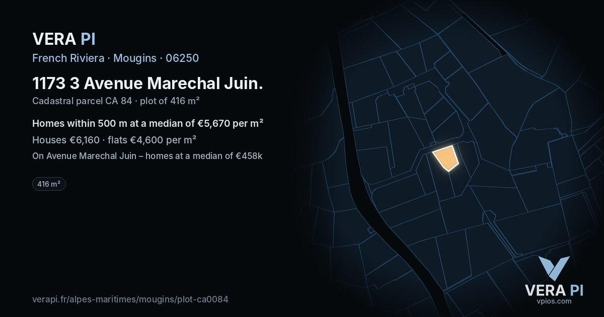 1173 3 Avenue Marechal Juin, Mougins at night – the plot lit, the parcels around coloured by the prices near them