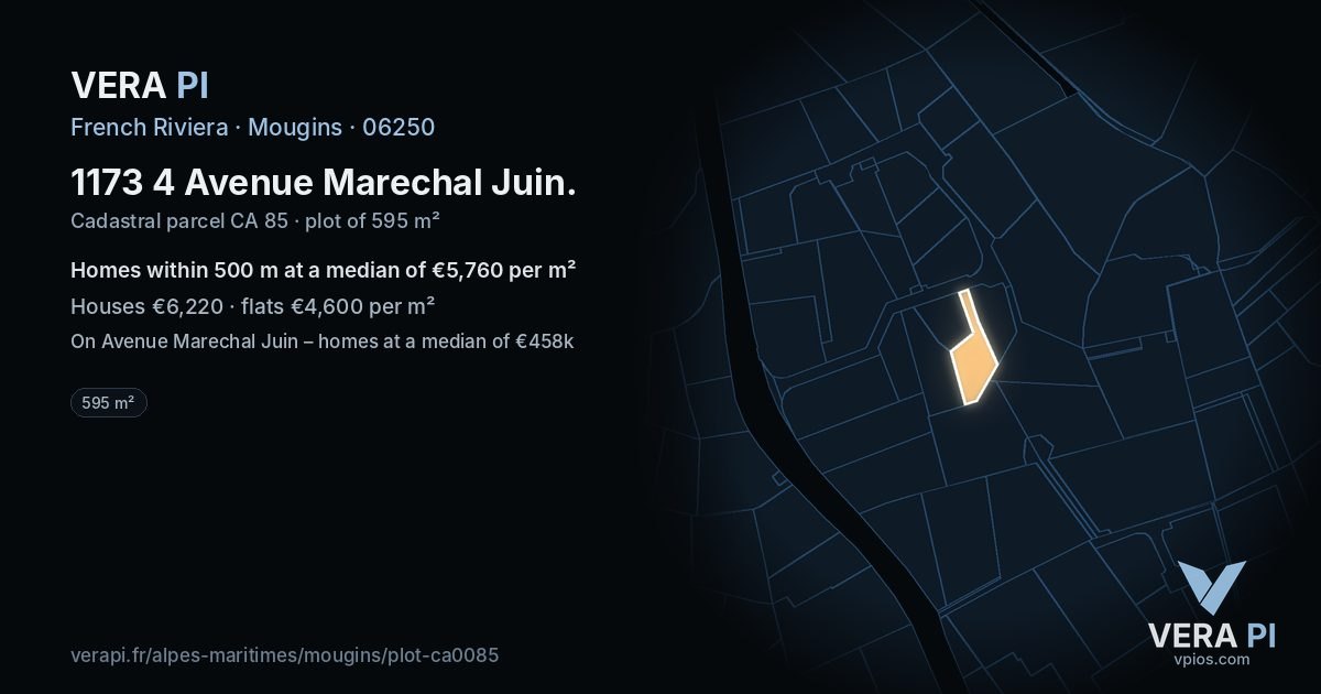 1173 4 Avenue Marechal Juin, Mougins at night – the plot lit, the parcels around coloured by the prices near them