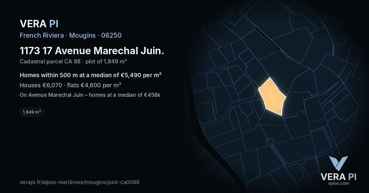 1173 17 Avenue Marechal Juin, Mougins at night – the plot lit, the parcels around coloured by the prices near them