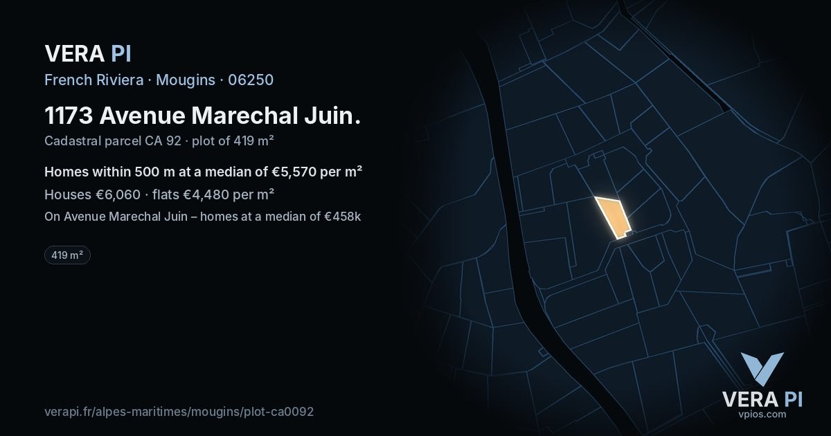 1173 Avenue Marechal Juin, Mougins at night – the plot lit, the parcels around coloured by the prices near them