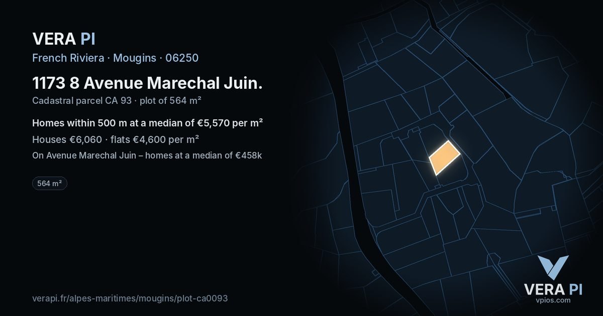 1173 8 Avenue Marechal Juin, Mougins at night – the plot lit, the parcels around coloured by the prices near them