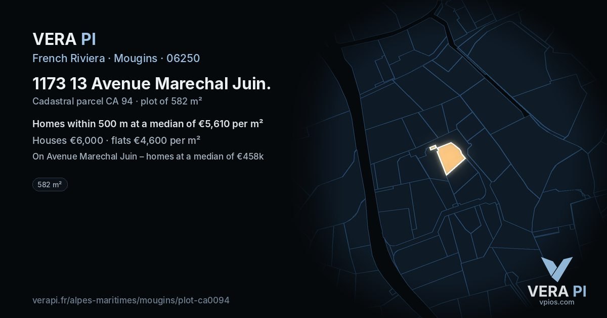 1173 13 Avenue Marechal Juin, Mougins at night – the plot lit, the parcels around coloured by the prices near them