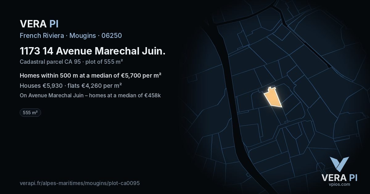 1173 14 Avenue Marechal Juin, Mougins at night – the plot lit, the parcels around coloured by the prices near them