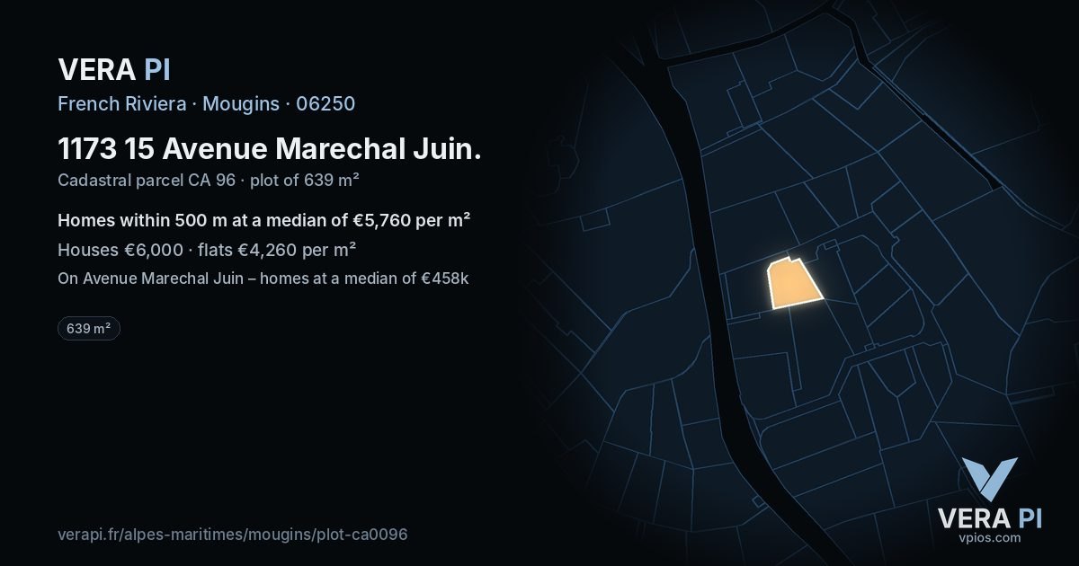 1173 15 Avenue Marechal Juin, Mougins at night – the plot lit, the parcels around coloured by the prices near them