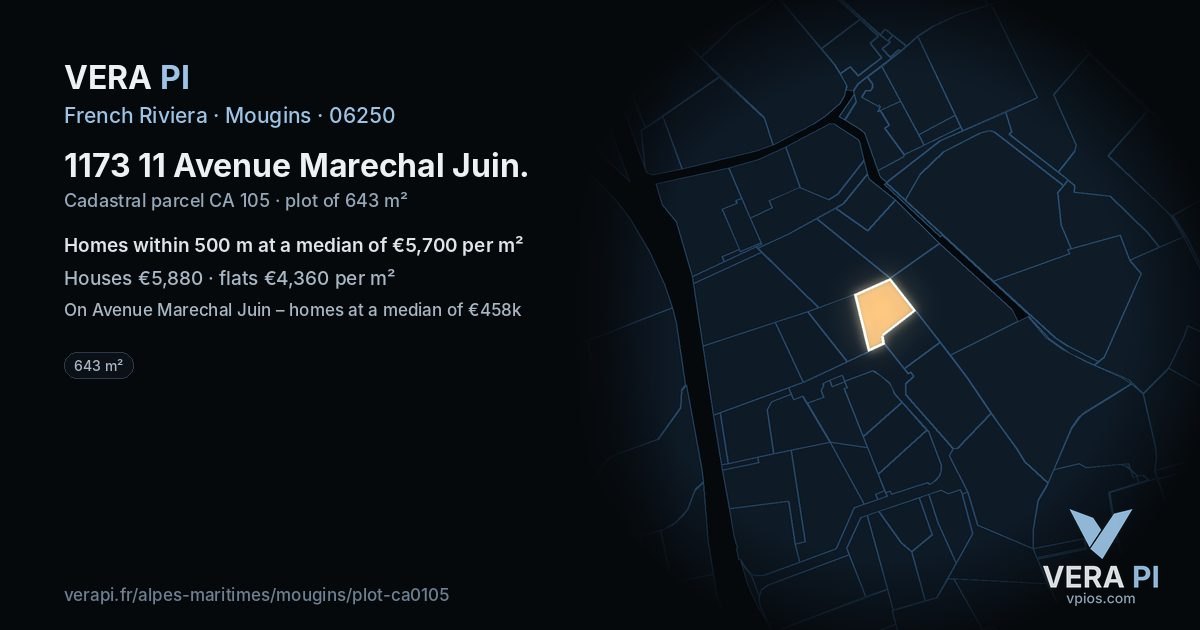 1173 11 Avenue Marechal Juin, Mougins at night – the plot lit, the parcels around coloured by the prices near them