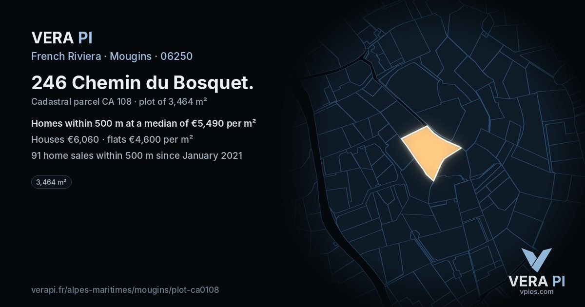 246 Chemin du Bosquet, Mougins at night – the plot lit, the parcels around coloured by the prices near them