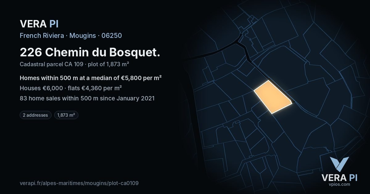 226 Chemin du Bosquet, Mougins at night – the plot lit, the parcels around coloured by the prices near them