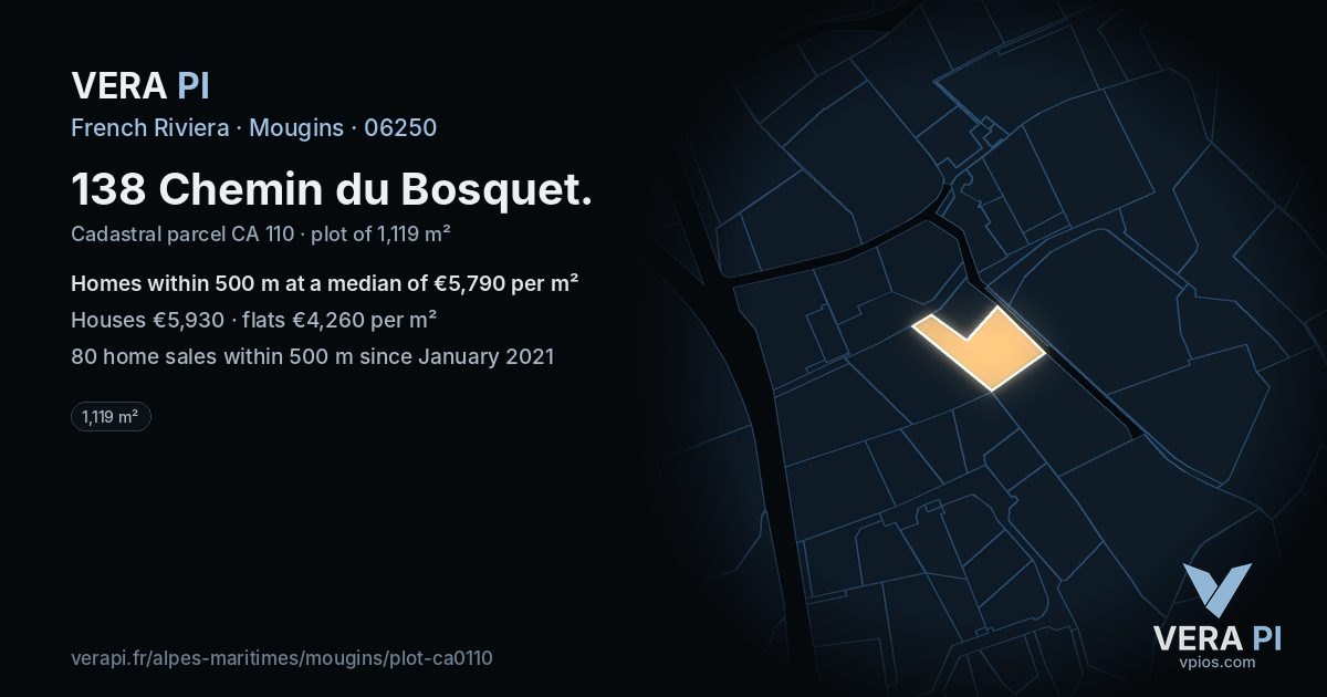 138 Chemin du Bosquet, Mougins at night – the plot lit, the parcels around coloured by the prices near them