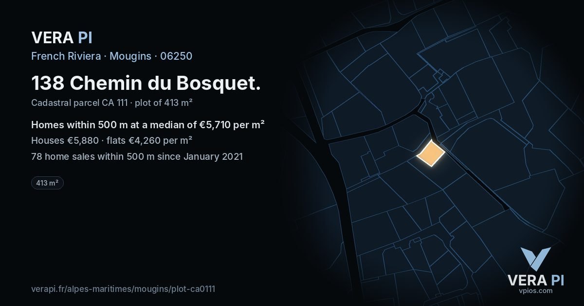 138 Chemin du Bosquet, Mougins at night – the plot lit, the parcels around coloured by the prices near them