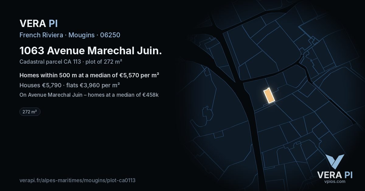 1063 Avenue Marechal Juin, Mougins at night – the plot lit, the parcels around coloured by the prices near them