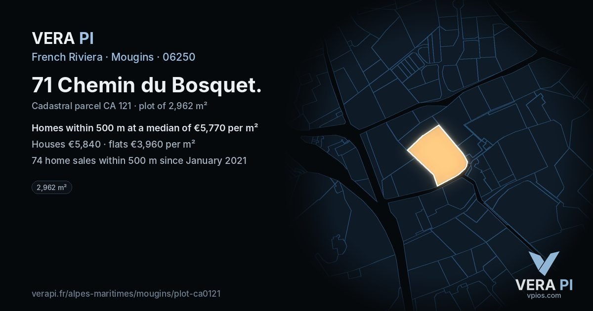 71 Chemin du Bosquet, Mougins at night – the plot lit, the parcels around coloured by the prices near them