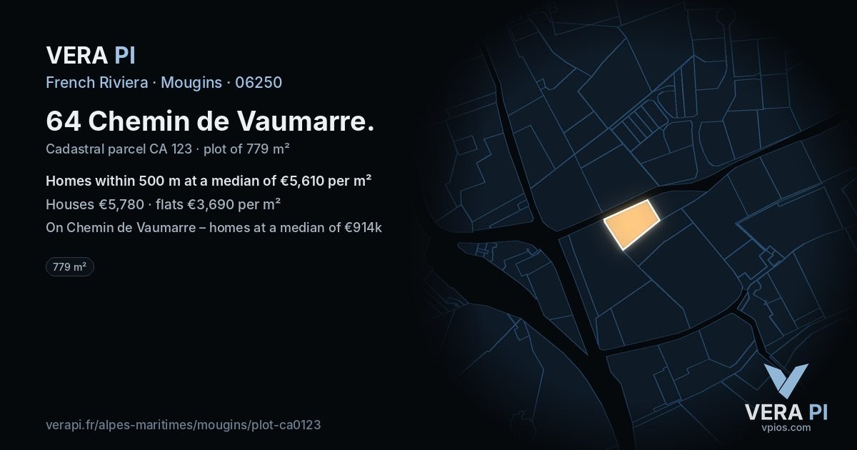 64 Chemin de Vaumarre, Mougins at night – the plot lit, the parcels around coloured by the prices near them