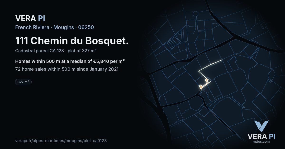 111 Chemin du Bosquet, Mougins at night – the plot lit, the parcels around coloured by the prices near them