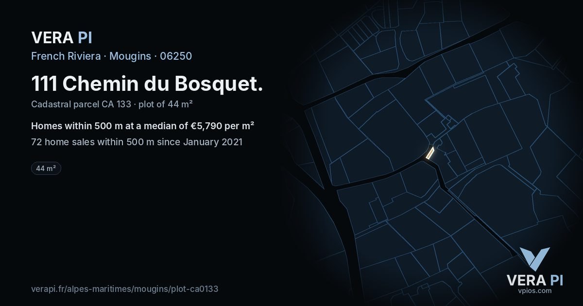 111 Chemin du Bosquet, Mougins at night – the plot lit, the parcels around coloured by the prices near them