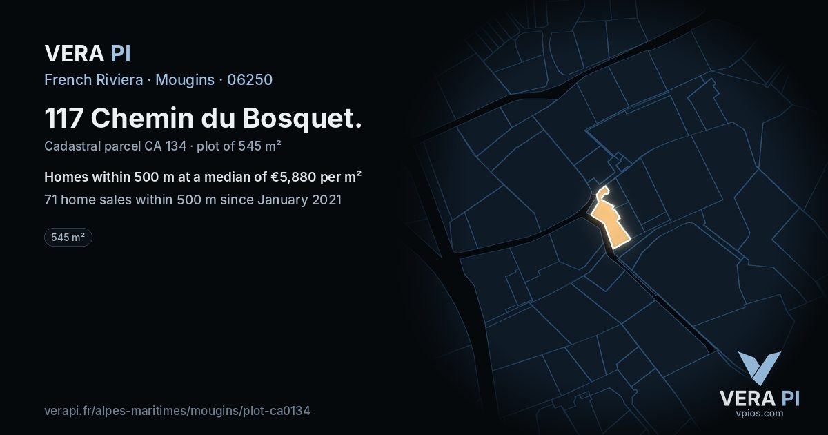 117 Chemin du Bosquet, Mougins at night – the plot lit, the parcels around coloured by the prices near them