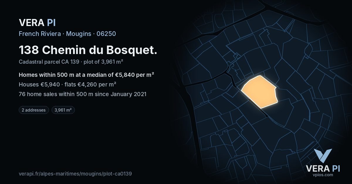 138 Chemin du Bosquet, Mougins at night – the plot lit, the parcels around coloured by the prices near them