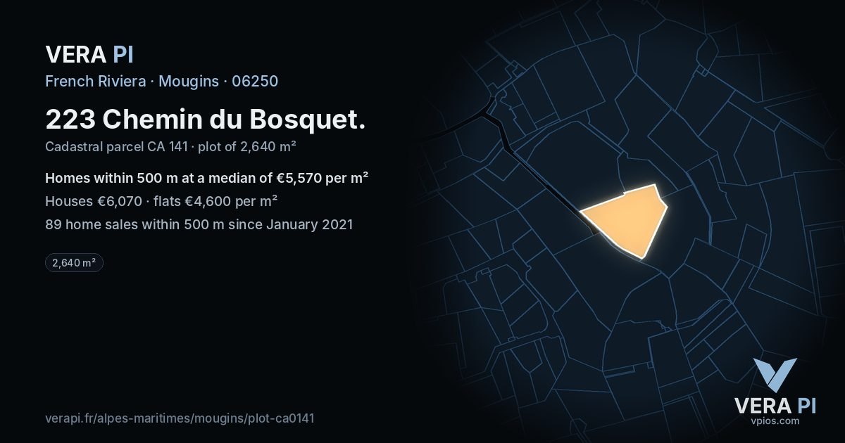 223 Chemin du Bosquet, Mougins at night – the plot lit, the parcels around coloured by the prices near them